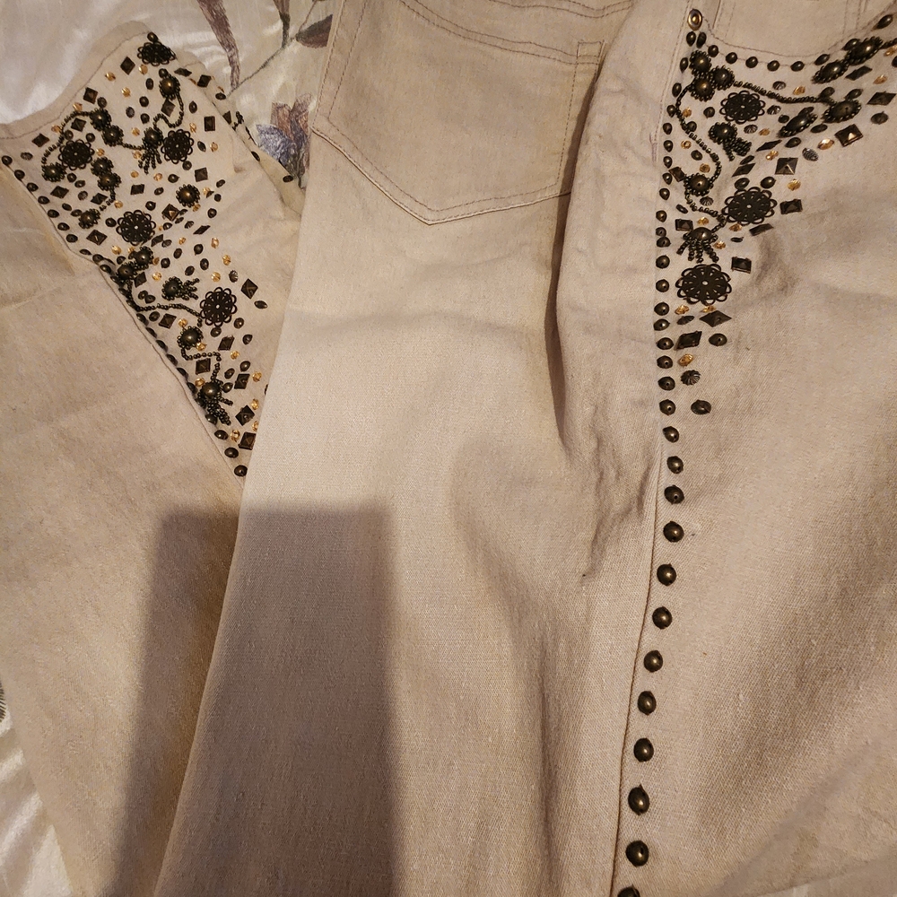 Diane Gilman High Rise Jeans in Cream with Studded Bronze Detailing